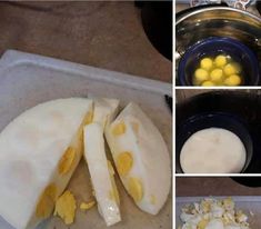 there are four pictures showing how to make eggs in the oven and then cut them into wedges