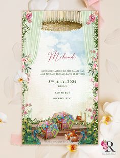 the wedding card is decorated with flowers and an image of a chandelier above it