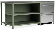 a green and grey shelf with two drawers