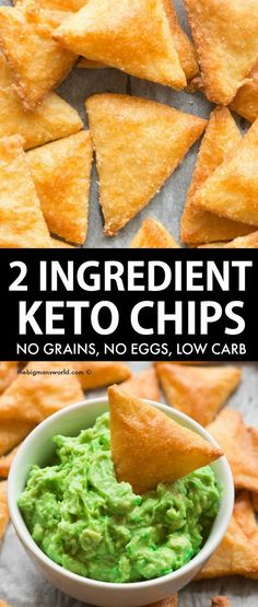 two ingredient keto chips with guacamole and tortilla chips