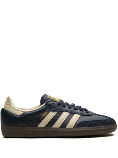 Adidas Samba OG "Navy" Sneakers - Farfetch Navy Vulcanized Sole Sneakers With Round Toe, Navy Round Toe Sneakers With Gum Sole, Blue Leather Sneakers With Three Stripes, Navy Sports Sneakers With Gum Sole, Adidas Navy Sneakers With Rubber Sole, Adidas Navy Sneakers For Sports, Adidas Navy Lace-up Sneakers, Navy Adidas Lace-up Sneakers, Navy Leather Sneakers With Gum Sole