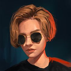 a painting of a person wearing sunglasses and a black t - shirt with red trim