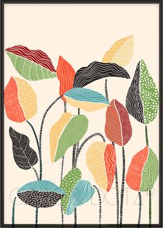 an art print with colorful leaves on it