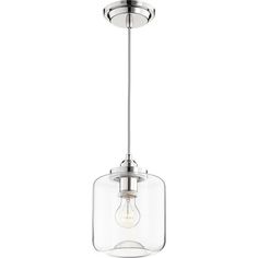 a light fixture with a clear glass shade on the bottom and an open bulb hanging from the ceiling