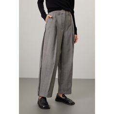 Gray herringbone cotton (35% Polyethylene, 33% Recycled Polyethylene, 29% Lenzing Ecovero Viscose, 3% Elastane). Pants. Front zipper closure. 27" inseam. 9.5" rise. Imported. Tailored Herringbone Bottoms For Workwear, Herringbone Pattern Trousers For Fall, Fall Herringbone Trousers, Fall Workwear Bottoms With Herringbone Pattern, Wide Leg Workwear Bottoms With Zip Fly, Wide Leg Bottoms For Workwear With Zip Fly, Fall Herringbone Pattern Bottoms For Workwear, Tailored Herringbone Bottoms For Fall, Tapered Leg Pants With Zip Fly For Work