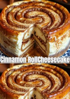 cinnamon roll cheesecake cut in half on a plate