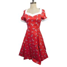 This Dressy Star Retro Style Dress Nwt Is An Elegant Choice For Women Who Appreciate Vintage Fashion. The Design Adds A Touch Of Whimsy To The Overall Classic Look. V Neckline, Cuffed Cap Sleeves, Zip Back Closure, And Stretch Cloth Fabric And Flared Skirt- Looks To Run Small Based On Measurements Features A Unique Cherry Print Pattern Styled In A Retro, Vintage Fashion New With Tags (Nwt) For Assured Quality Features: Chest: 32" Waist: 26" Hips: 42" Length From Shoulders: 38" Measurements Unstr Retro Red Lined Dress, Knee-length Christmas Midi Dress, Retro Fitted Christmas Dress, Red Short Sleeve Lined Dress, Fitted Knee-length Christmas Dresses, Fitted Midi Christmas Dress, Red Short Sleeve Dress For Christmas, Fitted Midi Length Christmas Dress, Red Short Sleeve Christmas Dress