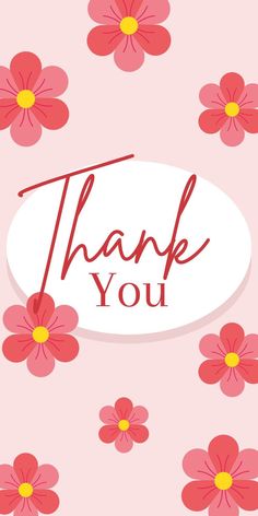 thank you card with pink flowers and red lettering on a light pink background that says,'thank you '