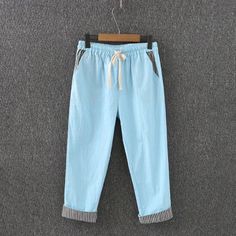 Material: Linen, Cotton • Length: Calf-Length Pants • Style: Casual, Flat, Harem Pants • Decoration: Pockets, Cuffs • Type: Loose, Woven, Drawstring, Solid, Mid Summer Tapered Leg Pants With Elastic Cuffs, Summer Ankle-length Pants With Elastic Cuffs, Casual Summer Bottoms With Cuffed Ankles, Summer Cotton Sweatpants With Elastic Cuffs, Summer Loungewear Pants With Elastic Cuffs, Blue Ankle-length Sweatpants For Spring, Casual Harem Pants With Elastic Cuffs For Spring, Spring Cotton Pants With Cuffed Ankles, Stretch Cotton Pants With Cuffed Ankles