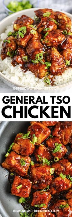 general tso's chicken is served over rice with scallions