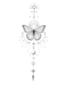 a drawing of a butterfly with stars and crescents on it's back side