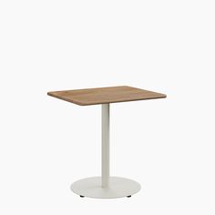 a square table with a white base and a wooden top on an isolated white background