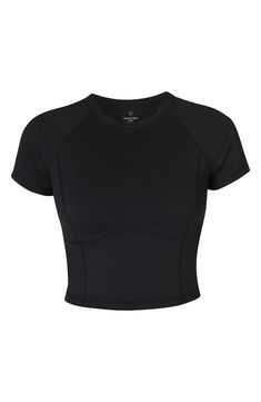 Work out or chill out in this stretchy cropped T-shirt framed by sporty raglan sleeves. 17 1/2" length (size Medium) Crewneck Short sleeves 80% recycled polyester, 20% elastane Machine wash, dry flat Imported Athleisure Cropped T-shirt For Sports, Cropped Sports T-shirt, Athleisure Stretch Cropped T-shirt With Short Sleeves, Sporty Crew Neck Cropped Shirt, Sporty Fitted Crop Top T-shirt, Sporty Crew Neck Crop Top, Sporty Stretch T-shirt With Raglan Sleeves, Sporty Short Sleeve Crop Top For Streetwear, Sporty Stretch Cropped Shirt With Short Sleeves