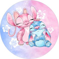 two cartoon animals sitting next to each other on a pink and blue background with white flowers