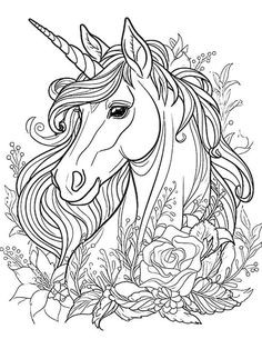 an adult unicorn with flowers and leaves on it's head in black and white