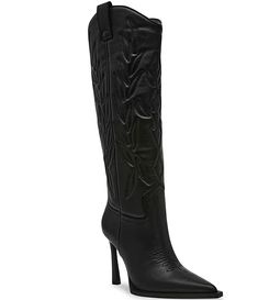 Steve Madden Kinzee Leather Stiletto Western Tall Boots | Dillard's Heeled Boots Knee High, High Heel Cowboy Boots, Womens Fall Boots, Boot Hill, Tall Western Boot, Boot Collection, Fall Boots, Boots Fall, Black High Heels