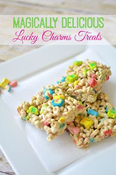 lucky charms treats on a white plate with the words, magic delicious lucky charms treats