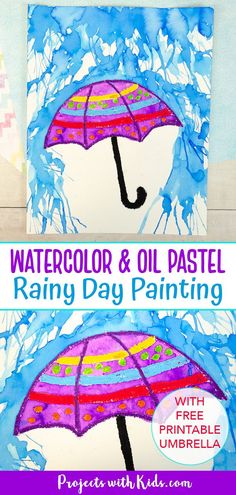 watercolor and oil pastel rainy day painting with printable umbrellas for kids