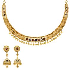 Embrace cultural charm with 22k gold necklace and Jhumka earring set by Virani Jewelers. The colorful Meenakari details contributes to the traditional allure of this gold jewelry set. This set is not just an accessory; it's a Virani Jewelers creation that graces you with the charm of tradition and luxury. Wear it proudly, and let the cultural charisma of this Indian gold jewelry set become an extension of your refined elegance. Features • 22k yellow gold • Meenakari details Necklace Specificatio Luxury Yellow Gold Meenakari Jewelry, Yellow Gold Meenakari Jewelry Sets For Diwali, Meenakari Yellow Gold Jewelry Sets For Diwali, Diwali Meenakari Yellow Gold Jewelry Sets, Yellow Gold Round Temple Necklace With Meenakari, Multicolor 22k Gold Necklace For Diwali, Multicolor 22k Gold Temple Necklace For Festivals, Traditional Multicolor 22k Gold Necklaces, Traditional Multicolor 22k Gold Necklace