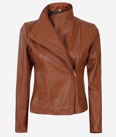 Asymmetrical Cognac Leather Biker Jacket Women Fitted Cognac Leather Jacket, Brown Biker Leather Jacket For Spring, Brown Faux Leather Biker Jacket For Winter, Winter Cognac Fitted Leather Jacket, Fitted Leather Outerwear In Cognac, Fitted Cognac Leather Outerwear, Trendy Brown Fitted Leather Jacket, Trendy Fitted Brown Leather Jacket, Trendy Brown Leather Biker Jacket