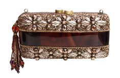 Chocolate-colored hard clutch embellished with Penn shells,  high-quality rhinestones, with an add-on side tassel and chain sling. Perfect for parties, weddings, proms, and red carpet events. A luxury gift for mothers and women with style. Luxury Beaded Rectangular Clutch, Designer Silver Embellished Clutch, Glamorous Hand Embellished Evening Bag, Luxury Clutch For Reception, Chic Embellished Evening Bag For Reception, Luxury Embellished Rectangular Evening Bag, Glamorous Embellished Clutch For Reception, Glamorous Hand Embellished Rectangular Clutch, Designer Embellished Rectangular Evening Bag