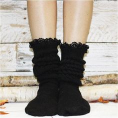 SCRUNCHY  lace slouch socks - black - Hooters women socks cotton  Catherine Cole Atelier couture socks and designer barefoot sandals Fitted Black Socks With Lace Trim, Comfortable Black Socks One Size, Cozy Black Socks For Fall, Black Snug Fit Socks For Fall, Cozy Black Leg Warmers For Stocking Stuffer, Cozy Black Mid-calf Leg Warmers, Scrunchy Socks, Shoe References, Socks With Lace