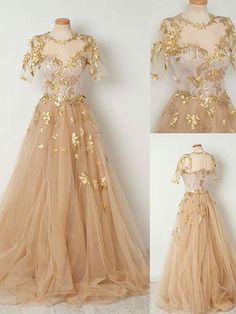 Short Sleeve Prom Dresses, Gaun Abad Pertengahan, Tulle Long Prom Dress, Cheap Prom Dresses Long, Gold Prom Dresses, Evening Dresses Short, Half Sleeve Dresses, Prom Dresses With Sleeves, Tulle Prom Dress