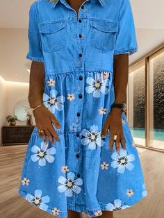 Multicolor Dulce Collar manga corta Tela tejida Color combinado,Floral,Plantas Smock Embellished Elástico Ligero Slim Fit Top, Irregular Hem, Button Front Dress, Elegant Dresses Long, Women Midi, Pocket Shirt, Button Dress, Cute Shorts, Womens Midi Dresses