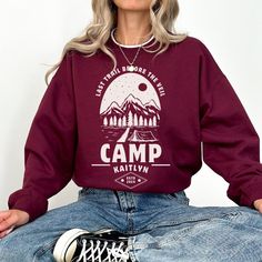 Vintage Camp Bachelorette Sweater, Camping Bachelorette Party Crewneck, Lake Bridal Shower, Retro Camp Sweatshirt, Mountain Wedding CUSTOMIZATION We love to customize! Feel free to contact me for any questions concerning personalization's or simply state your custom changes in the personalization box or in the notes section at checkout. No extra charge of course! Step back in time and embrace the vintage vibes with our Camp Bachelorette Sweater! 🏕️✨ Inspired by the rustic charm of yesteryears, this shirt brings a touch of nostalgia to your bachelorette getaway. Featuring retro fonts and a cozy, worn-in feel, it's the perfect attire for a weekend of outdoor adventure and sisterhood bonding. Let the campfires crackle, the laughter flow, and the memories last a lifetime as you celebrate love Crew Neck Winter Tops For Camping, Wedding Customization, Bridal Shower Retro, Camp Sweatshirt, Camping Bachelorette Party, Camping Bachelorette, Pull Vintage, Vintage Camping, Retro Font