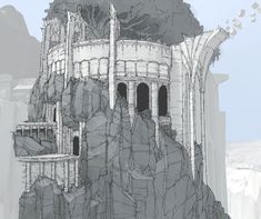 a drawing of a castle on top of a mountain