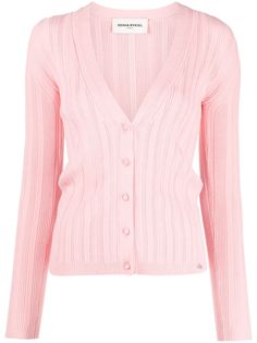 rose pink knitted construction logo lettering V-neck front button fastening long sleeves ribbed cuffs and hem Coquette Cardigan, Cardigan Rosa, Coquette Outfits, Fall Winter Fashion Trends, Outfit Pieces, Rose Clothing, Paris Logo, Cardigan Pink, Construction Logo