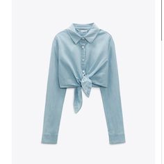 Cropped Shirt With Lapel Collar And Cuffed Long Sleeves. Knot Detail At Front Hem. Front Button Closure. Light Blue Size S Western Boho Chic, Zara Looks, Lace Knit Top, Brown Bodysuit, Ruffle Long Sleeve Blouse, Black Bustier, Festival Tops, Wildfox Couture, Cropped Shirt