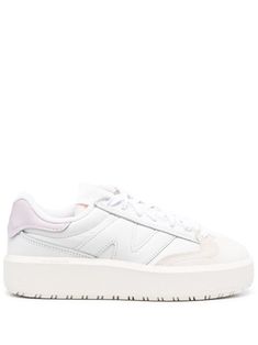 white/light pink calf leather panelled design logo patch at the tongue logo patch to the side contrasting heel counter round toe front lace-up fastening branded insole platform sole New Balance Ct302, New Balances, Panel Design, Sneakers White, Design Logo, White Leather, Womens Shoes Sneakers, White Light, Low Top