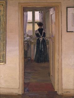 a painting of a woman in a black dress standing at the door to a room