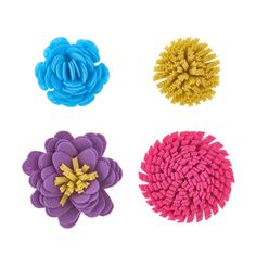 four different types of hair scrunffles on a white background, each with a flower in the center