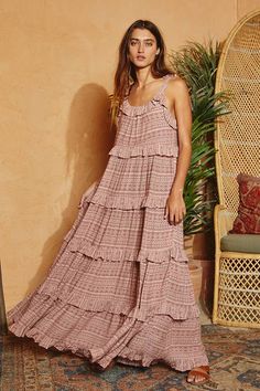 Tiered ruffles and a subtle print adorn this light and breezy maxi. Sleeveless with a relaxed fit. 100% Rayon Imported Dusty Mauve, Dress Dusty, Tiered Maxi Dress, General Store, Aztec Print, Pant Shirt, Swimwear Tops, Sweater Skirt, Denim Dress