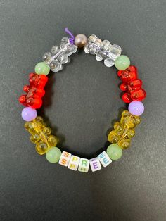 Spree Themed Kandi Bracelet.  gummy gummy gummy gummy gummy bear  handmade kandi bracelets. Message me for custom braclets! (If size does not fit I can do an exchange! Or you can message me what size you'll need and I'll make it custom for you!)   (Bin C5) Candy Bracelets, Candy Bracelet, Kandi Bracelets, Gummy Bear, Gummy Bears, Make It, Beauty Book, Jewelry Bracelets, I Can