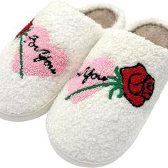 Focusin House Slippers Fwomens Plush Rose Slippers Memory Foam Soze 8 Cute White Slippers For Leisure, White Indoor Slippers For Spring, Comfy White Slippers For Leisure, Strawberry Slippers, Plush Strawberry, Rose Bedroom, Fun Slippers, Gingerbread Lady, Foam Slippers