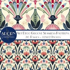 an art deco style seamless pattern with flowers and leaves in red, blue, green,