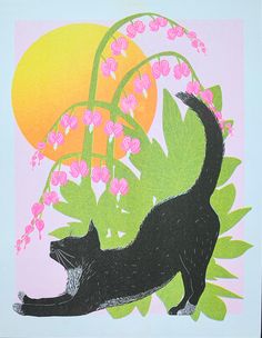 a black cat standing in front of pink flowers and green leaves with the sun behind it