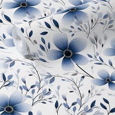 blue flowers and leaves on white background with watermarked paper for wallpaper or upholstering