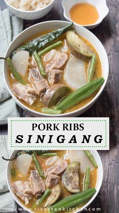 pork ribs, green beans and potatoes in a white bowl with text overlay that reads pork ribs sinigang