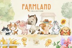 farm animals are standing in front of a fence and flowers with the words, farmland collection