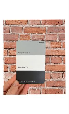 a hand holding a paint swatch in front of a brick wall with white and gray colors