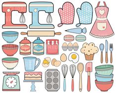 an assortment of kitchen utensils and baking supplies are shown in this hand drawn illustration