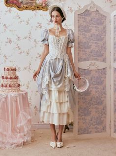 ❤Princess French Country Dress + Scarf❤︎ Marie Antoinette Style Fitted Dress With Ruffles, Fitted Marie Antoinette Dress With Ruffles, Marie Antoinette Style Fitted Fancy Dress, White Princess Dress For Banquet, Princess Style White Banquet Dress, Marie Antoinette Style Fitted Spring Dress, Fitted Marie Antoinette Style Spring Dress, Princess Style Fancy Dress With Attached Cancan, Marie Antoinette Style White Dress For Costume Party