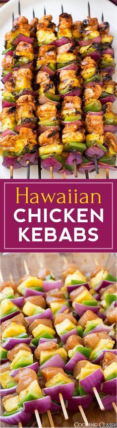 hawaiian chicken kebabs are served on skewers and ready to be eaten