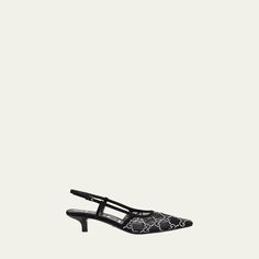 Gucci "Tom" crystal GG monogram mesh pumps 1.38 in / 35 mm kitten heel Square toe Adjustable slingback strap Leather outsole Made in Italy