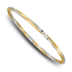 This vibrant women's twisted hinged bangle bracelet features a dynamic hammered design. Fashioned in 14K yellow gold and white rhodium, the 7.25-inch bracelet slips on for your comfort Hammered Yellow Gold Bangle For Anniversary, Modern Hammered Yellow Gold Bangle, Modern Twist Bangle For Formal Occasions, Formal Yellow Gold Hammered Bangle, Modern Gold Bracelet With Diamond Cut For Anniversary, Modern Diamond Cut Gold Bracelet For Anniversary, Formal Yellow Gold Bangle With Modern Twist, Elegant Formal Hammered Bangle, Modern Hammered Bangle For Formal Occasions