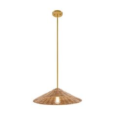 the light fixture is made out of bamboo and has a gold colored metal frame with a round